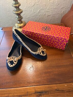 Tory Burch Navy Suede Flats with Cream Braided Trim